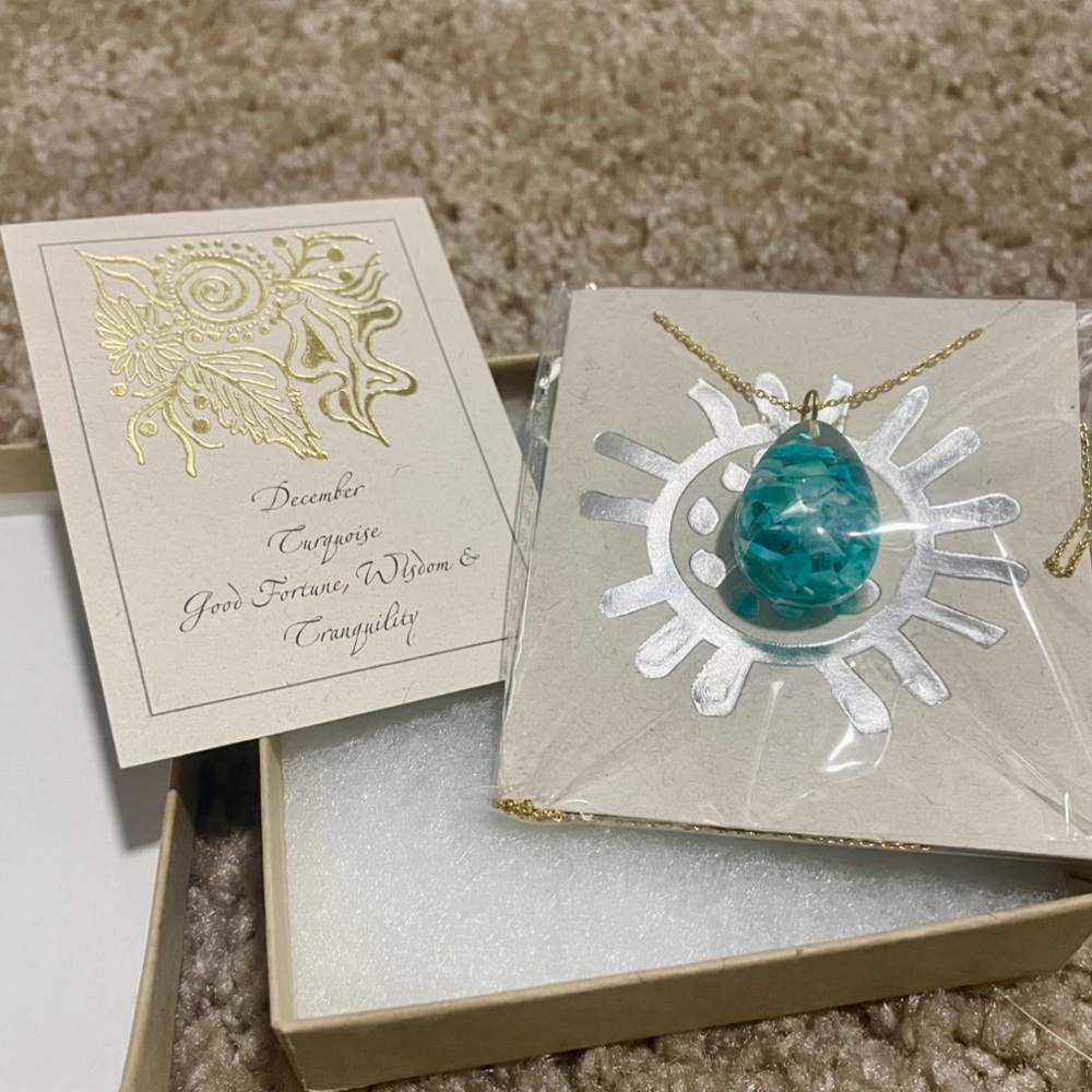 Fair trade December turquoise glass stone resin necklace